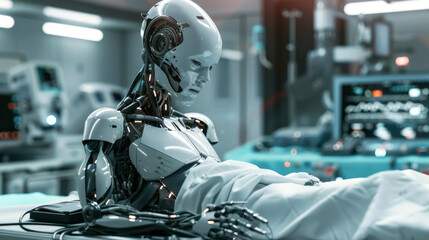 Surgical Robot at Rest. A humanoid surgical robot reclines on an operating table, its intricate mechanics revealed under the skin, depicting the blend of human design and robotic precision.