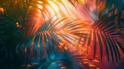 Prism Palms: Light Play in the Tropics. Palm leaves become a canvas for a cascade of light, transforming into a vibrant spectacle of colors reminiscent of a tropical prism.