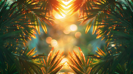 Prism Palms: Light Play in the Tropics. Palm leaves become a canvas for a cascade of light, transforming into a vibrant spectacle of colors reminiscent of a tropical prism.