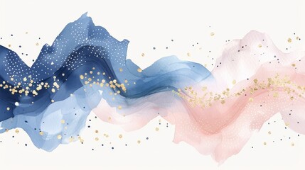 Elegant blue and coral watercolor waves with gold specks, perfect for design elements.