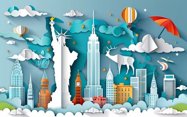 US travel vector illustration. Famous American city landmark background in paper cut art style. Origami skyscraper, statue of liberty,
