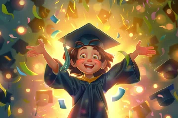 Deurstickers Cartoon graduate celebrating with cap in the air, perfect for school success or achievement. © mashimara