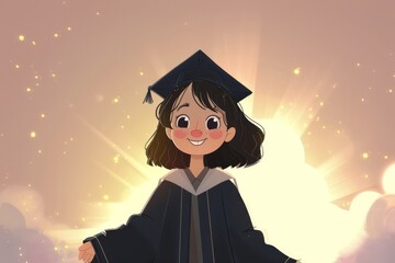 Delighted animated student in academic attire, shining lights suggest a bright future.