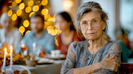 Grumpy mother-in-law spoiling festive family gathering with her moody behavior