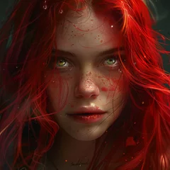 Deurstickers Digital art of a girl with vivid red hair, conveys emotion and digital creativity. © mashimara