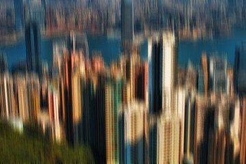 Blur, water and buildings in city for outdoor with travel for art, creative or illusion. Architecture, ocean and construction apartment, office or skyscraper development in urban town in New York.