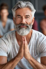 Elderly group participating in yoga sessions at a specialized gym for senior individuals