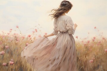 Woman walking on the flower field painting dress adult.