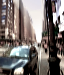 Motion blur, abstract background and car on urban street for travel and commute to work in...