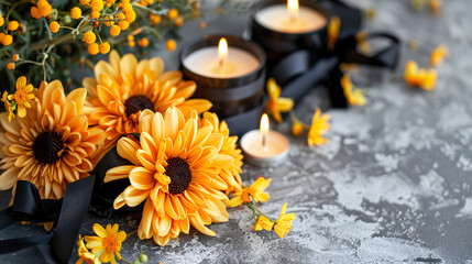 Chrysanthemum flowers with black funeral ribbon 