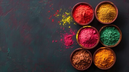 Various bowls of colored powders on dark surface