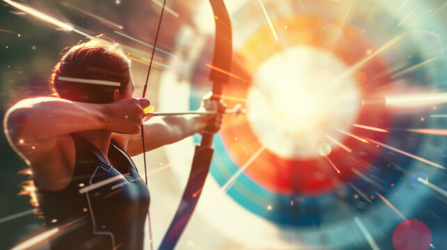 Competitive archery, bow arrow: focus  intense concentration business goal achievement
