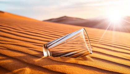 Extreme close-up of an empty drinking glass half-submerged in the desert sand. Concept of drought, global warming, climate change, ecology and environmental issues. Generative Ai.