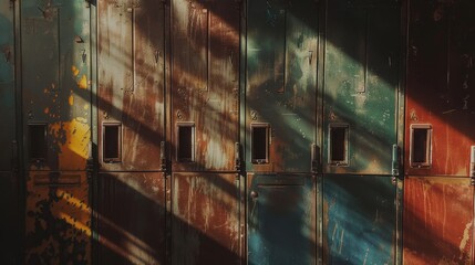 Obraz premium Artistic close-up of aged lockers in a shadowy high school hall, light filtering through, creating patterns on the metal surfaces