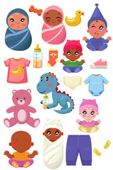 Baby cartoon set for mammy, boys, girls, baby shower party. Different collection with newborn babies, animals, toys, kid clothes. Vector illustration