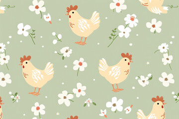 Seamless chicken pattern with white flowers on a green background