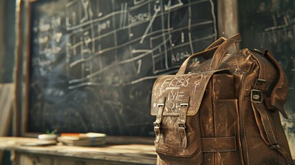 Educational tools featured in sharp detail, a school bag in the foreground with the blackboard's chalky texture behind