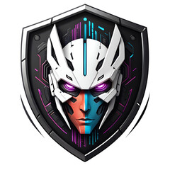 emblem shield, cyborg face, cyberpunk style for t-shirt