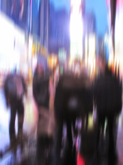 Group, walking and street with motion blur at night of busy road with lights in New York City....