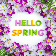 Colorful grassy "hello spring" text with purple white blooming flowers with grass, on a clean white backdrop, greeting card, floral decorations 