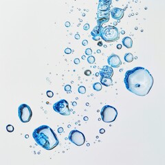 Blue bubbles of various sizes float upwards against a white background. - obrazy, fototapety, plakaty
