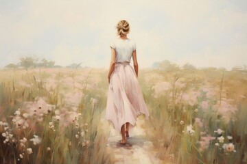 Fototapeta na wymiar Woman walking on the flower field painting dress contemplation.