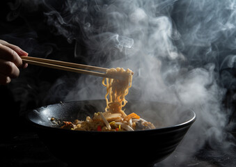 Steaming hot bowl of noodles being eaten with chopsticks