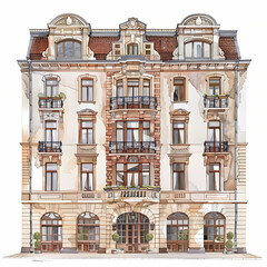Detailed facade of a European town house around 1900. Watercolor Art. Created with AI.