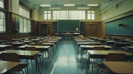 Serene interior of a traditional high school classroom, empty desks with a prominent lecture table at the forefront