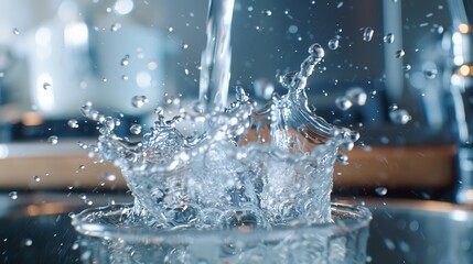 Water being poured into a glass, creating a beautiful splash.