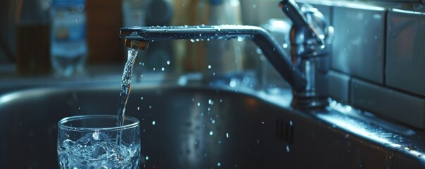 Water being poured into a glass from a faucet.