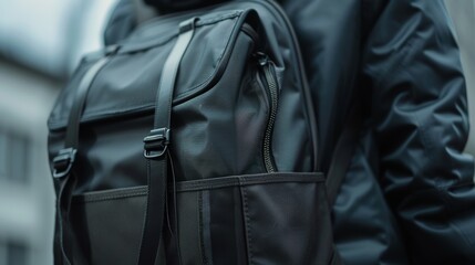 Stylish close-up of a modern black backpack ready for back to school, emphasizing the sleek design and sturdy material