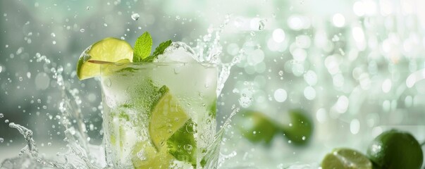 A mojito with a lime wedge and mint leaves.