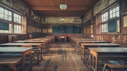 Traditional classroom, all wood, with vintage desks lined up and a prominent, empty teacher's desk, time-stood-still vibe