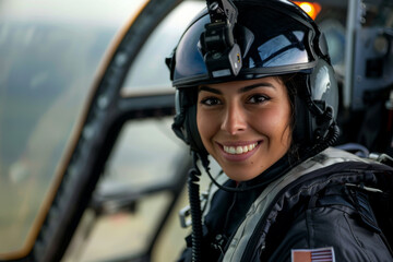 Confident, smiling female  helicopter pilot: Woman in aviation, chauvinism sexism in the Army