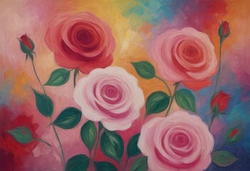 roses in different shades of rose, overlaid with a passionate multicolored painting of a love story