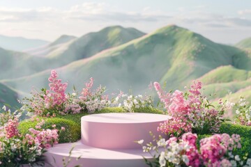 Product podium with a flower hills landscape outdoors nature.