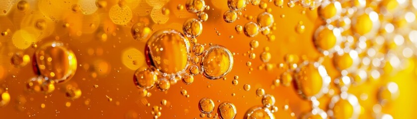 Closeup of bubbles in amber liquid. - obrazy, fototapety, plakaty