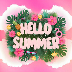 "Hello Summer" text surrounded by floral arrangement bunch of sunglasses, exotic flowers, pineapple, flamingo float and topical green leaves, against clouds on pink pastel background