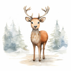 Cartoon reindeer on a snowy Christmas Eve, in gentle watercolors, soft color, cute style, in white background