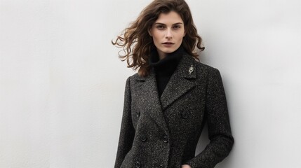 A Model Poses Wearing A Black Tweed Trench Coat. - obrazy, fototapety, plakaty