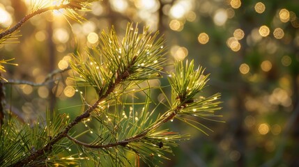 Sunlight filtering through close-up pine tree branches