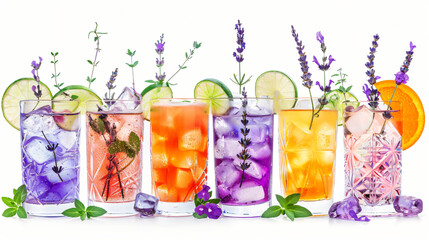 Collage of cold cocktails with lavender in glasses 