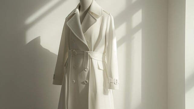 A White Belted Trench Coat On A Female Mannequin.