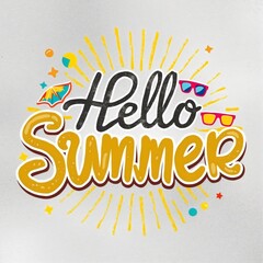 Fun 'Hello summer' lettering in the middle, with a playful cartoon illustration of sunburst, sunglasses, stars, dots, and a cool grunge grey backdrop, summer sale poster, holiday