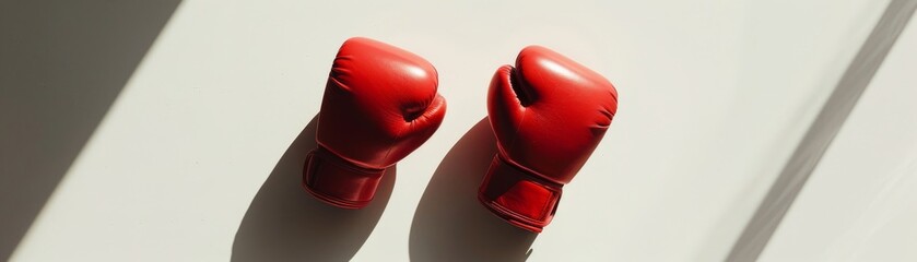 A pair of red boxing gloves hanging on a white wall. - obrazy, fototapety, plakaty