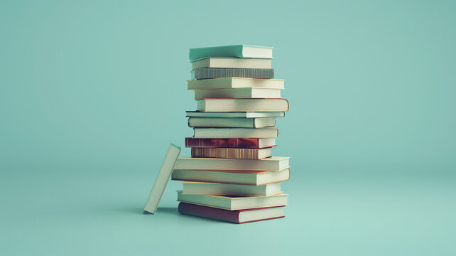 Stack of books on light blue background