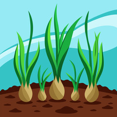 Nature awakens: Vector illustration of green garlic in the soil
