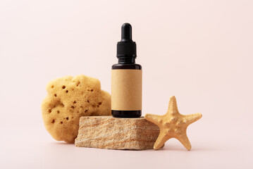 Brown glass serum bottle for organic cosmetic with sea minerals