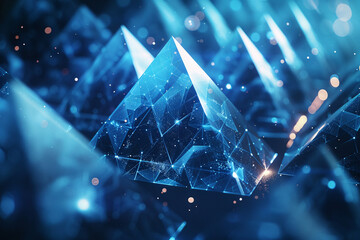 Blue digital crystals in abstract design with glowing edges on dark background
